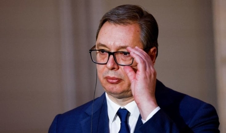 Serbian President Aleksandar Vucic addresses reporters at the Elysee Palace in Paris, France, April 8, 2024. (AFP)