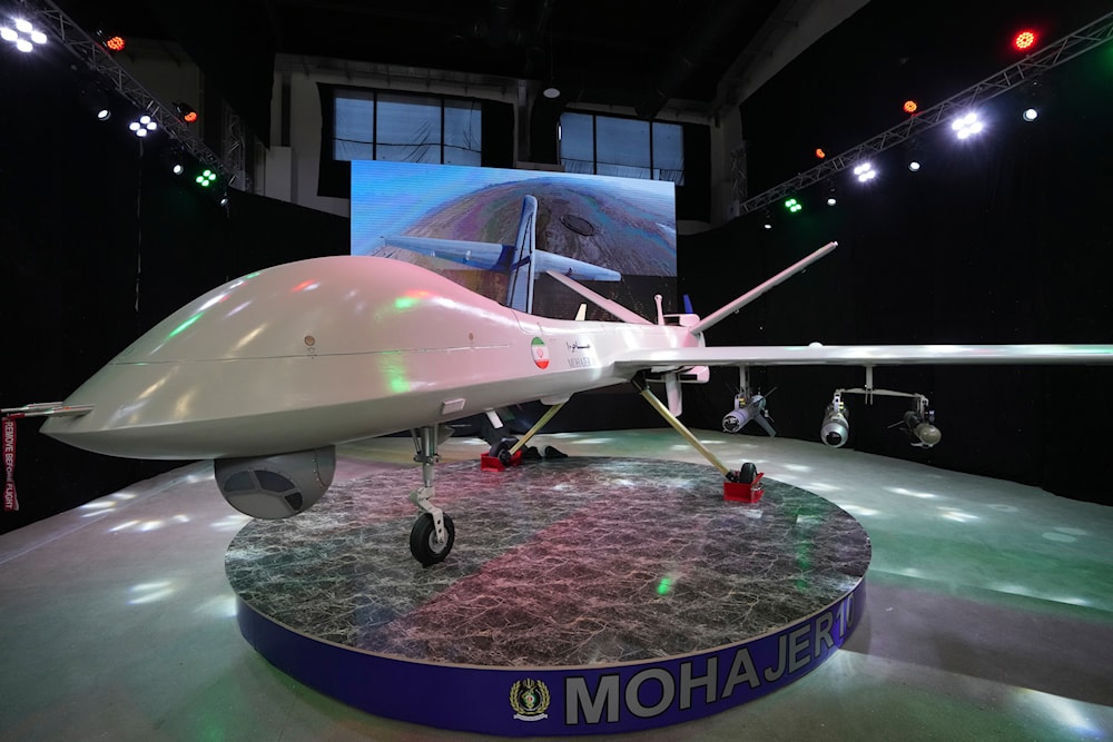 Iran's domestically built drone, Mohajer-10, is displayed in an exhibition in a military compound belonging to the Defense Ministry, in Tehran, Iran, on August 23, 2023. (AP)