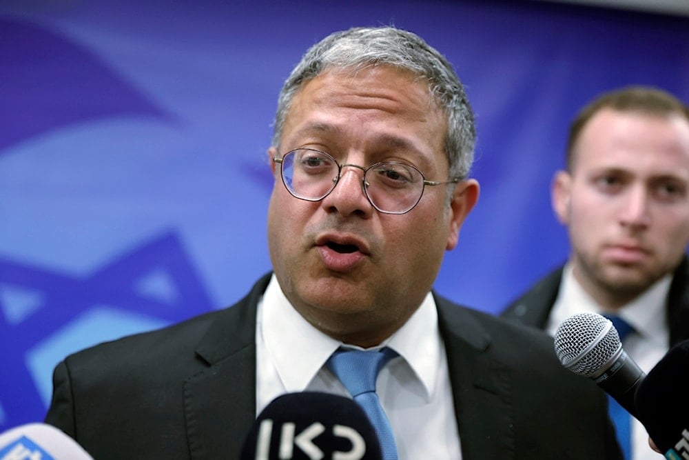 Israeli Police Minister Itamar Ben-Gvir talks to reporters ahead of the weekly cabinet meeting at the prime minister's office in Jerusalem, Sunday, March 19, 2023. (AP)