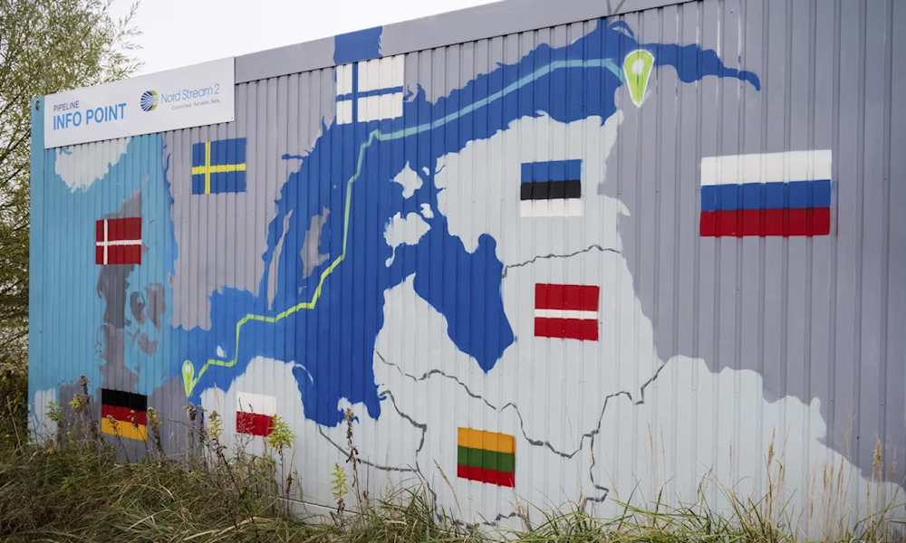 A painted map of Nord Stream 2 at the natural gas receiving station in the Lubmin Industrial estate in Lubmin, Germany. (AP)