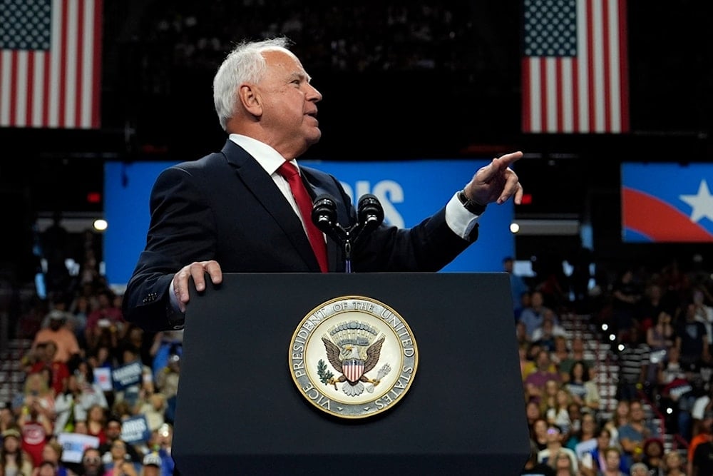 Democratic vice presidential nominee Minnesota Gov. Tim Walz speaks at a campaign rally, Saturday, Aug. 10, 2024, in Las Vegas. (AP Photo/Julia Nikhinson)