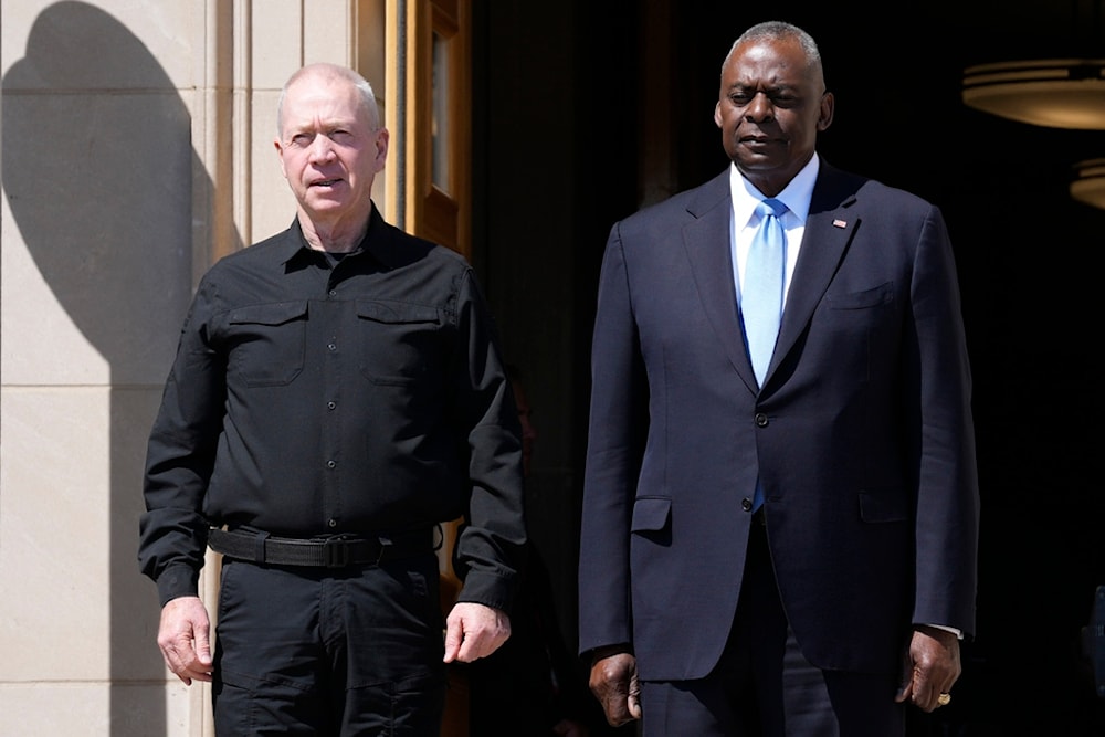 US Defense Secretary Lloyd Austin, and Israeli Security Minister Yoav Gallant, during an arrival ceremony at the Pentagon in Washington, June 25, 2024. (AP)