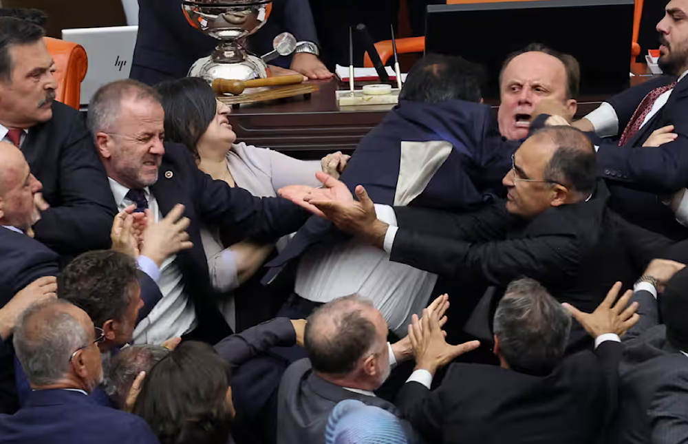 An image of the brawl that broke out in the Turkish Parliament on August 16, 2024. (AFP)