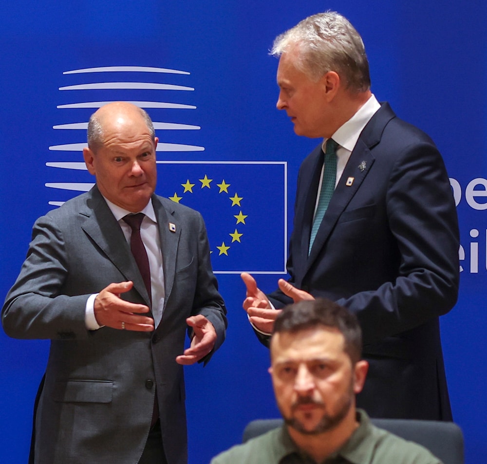 Germany's Chancellor Olaf Scholz, Lithuania's President Gitanas Nauseda and Ukraine's President Volodymyr Zelenskyy during a round table meeting at an EU summit in Brussels, June 27, 2024. (AP)