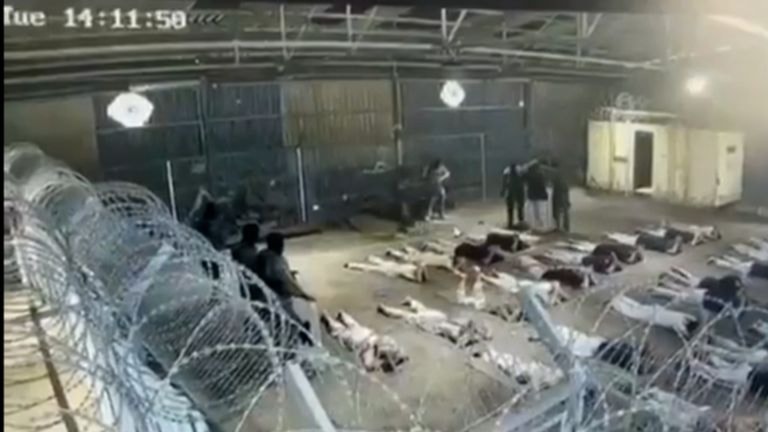 Palestinian prisoners forced to lay on the ground at the Sde Teiman concentration camp (X/TheCradleMedia)