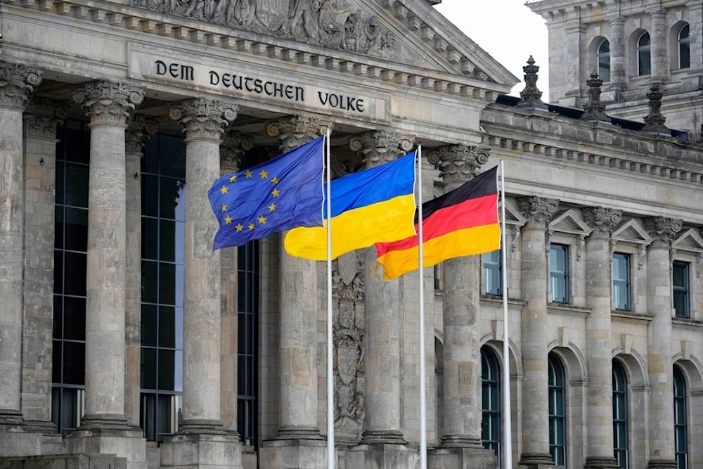 The European Union, the Ukrainian and the German flags flutter at the German parliament, Bundestag, outside the Reichstag Building in Berlin, Germany, June 11, 2024. (AP)