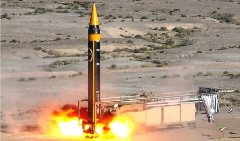 An image released by the Iranian Ministry of Defense on May 25, 2023, documenting the moment of testing the fourth-generation Khorramshahr ballistic missile.