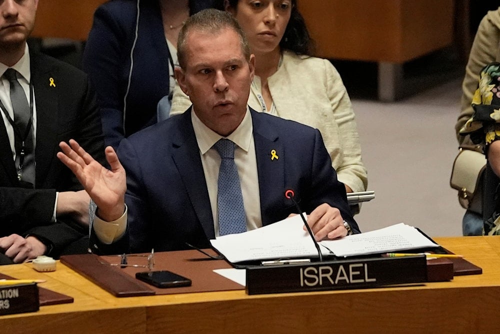 Israeli Ambassador to the United Nations Gilad Erdan speaks during a Security Council meeting at the United Nations headquarters, Tuesday, Aug. 13, 2024. (AP)