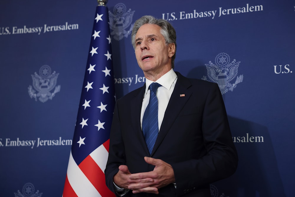 US Secretary of State Antony Blinken speaks to the media at the David Kempinski Hotel in Yaffa, occupied Palestine, Monday, August 19, 2024 (AP)