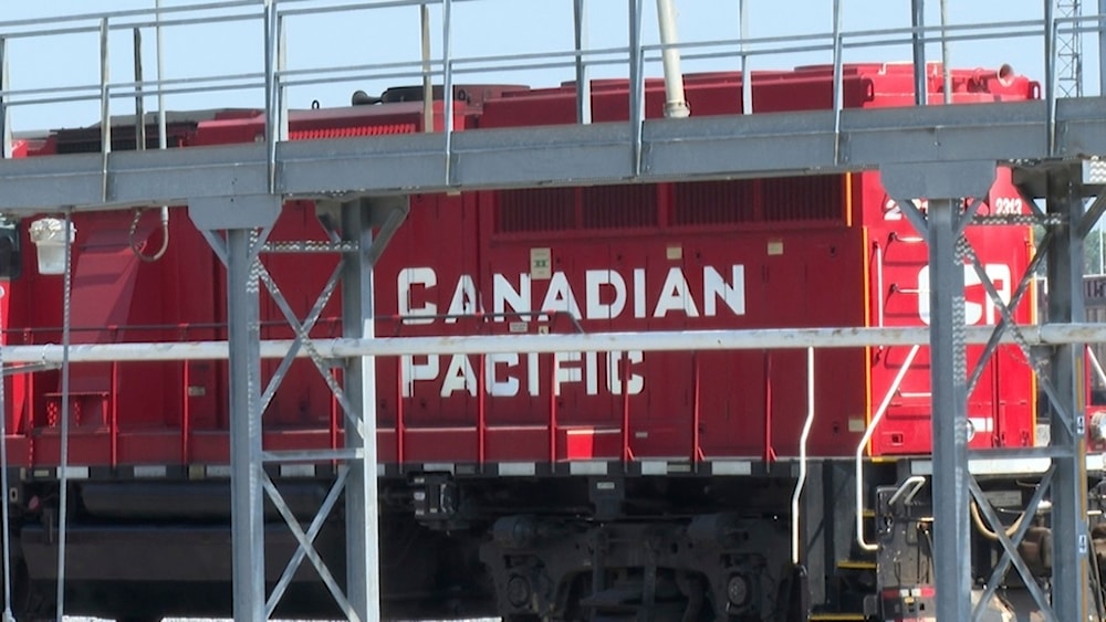 A Canada Pacific (CPKC) train stopped in a railyard near the CPKC offices located in Kansas City, Mo., Monday, Aug. 19, 2024. (AP)