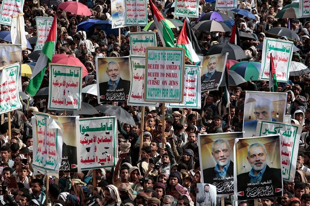 Yemeni people denounce 'Israel' and the United States in pro-Palestine rally in Sanaa, Yemen, Friday, Aug. 16, 2024. (AP)