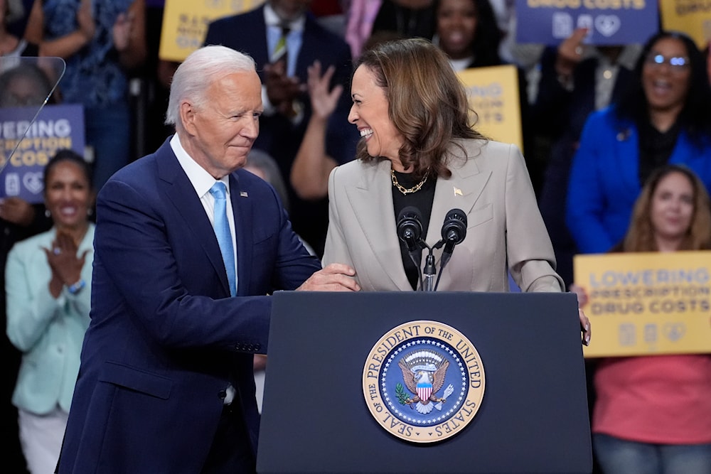 resident Joe Biden and Vice President Kamala Harris speak about their administration's efforts to lower prescription drug costs during an event at Prince George's Community College in Largo, Md., on August 15, 2024. (AP)