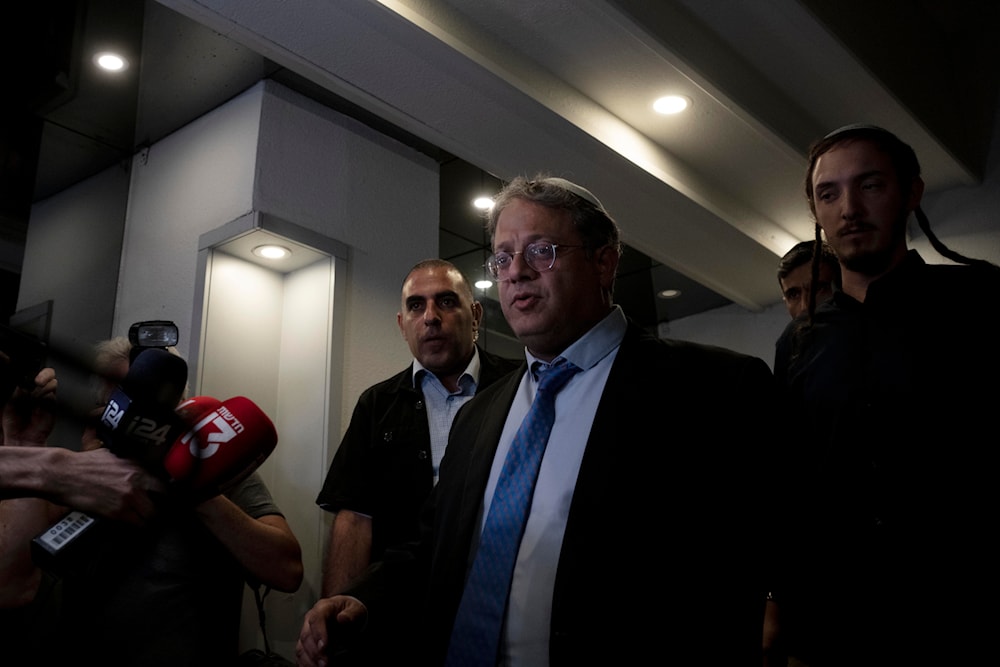 Far-right Israeli lawmaker Itamar Ben-Gvir speaks to journalists outside at the Likud Party headquarters after meeting with Nov. 1 poll winner Benjamin Netanyahu about forming a government, in Tel Aviv, Israel, Monday, Nov. 7, 2022.