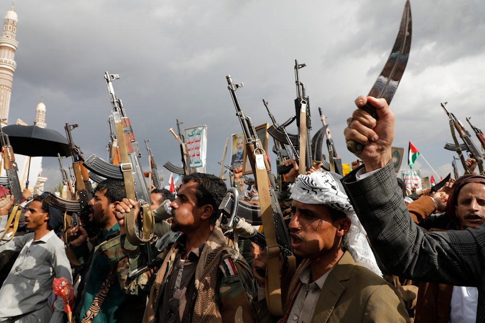 Yemenis attend an anti-Israeli and anti-American rally in Sanaa, Yemen, Friday, August 16, 2024 (AP)