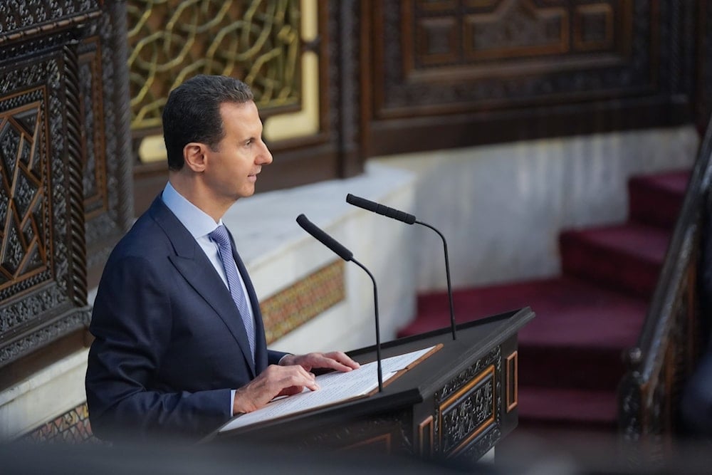 Syrian President Bashar al-Assad speaks at the Parliament of Syria in Damascus, August 25, 2024. (@Presidency_Sy)