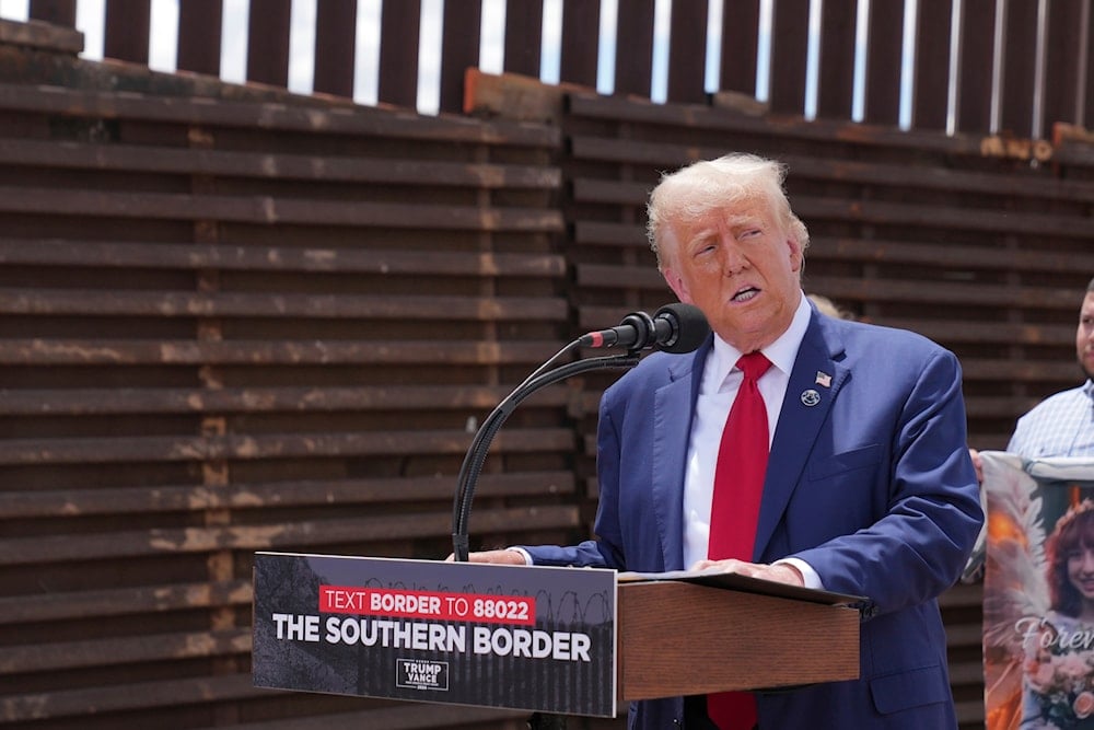 Former President Donald Trump speaks during a campaign event in front of the US-Mexico border, Thursday, August 22, 2024, in Sierra Vista, Arizona (AP)