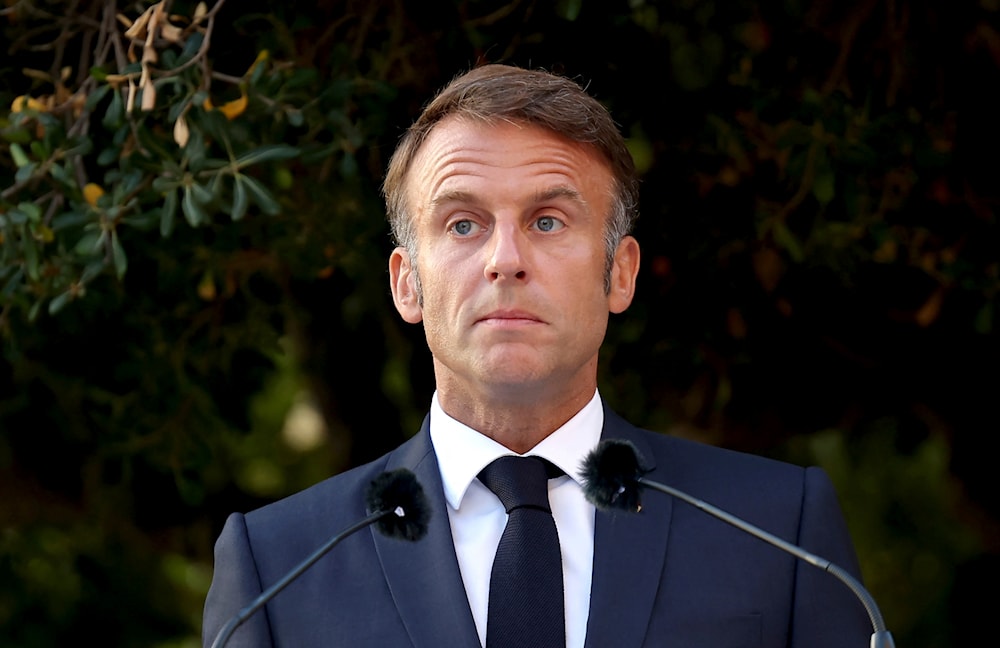 French President Emmanuel Macron pauses as he speaks during a ceremony to commemorate the 80th anniversary of the liberation of the village Bormes-les-Mimosas during World War II, south-eastern France, Saturday, Aug. 17, 2024. (AP)