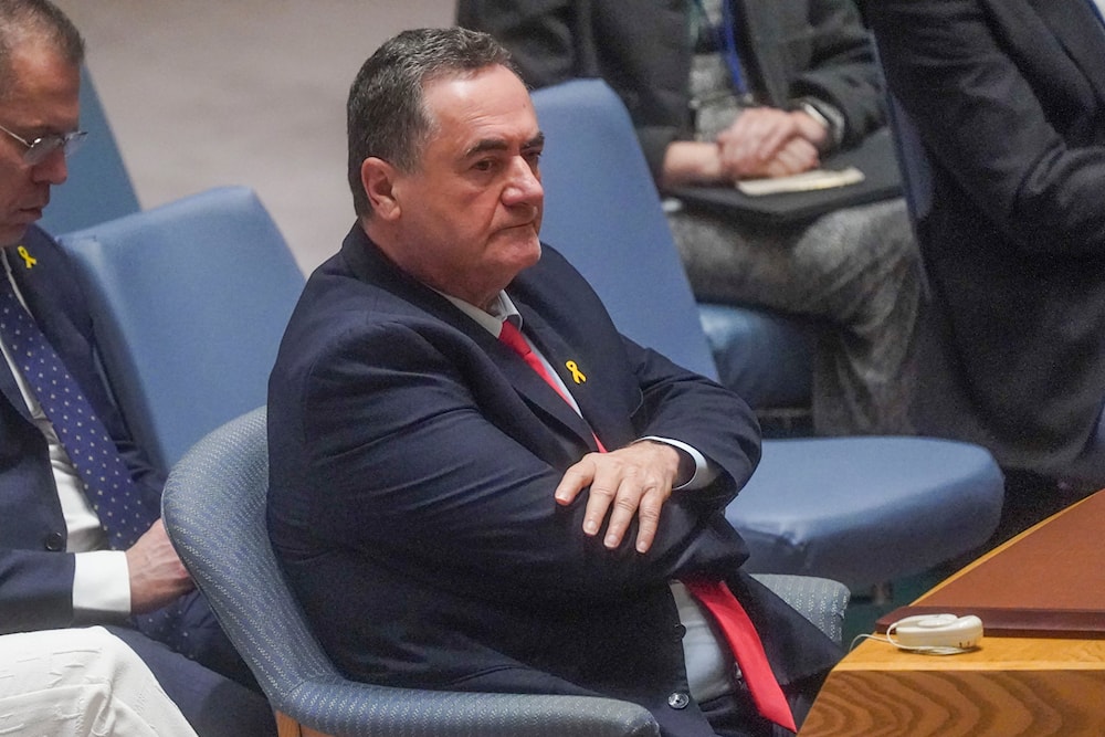 Israeli occupation Foreign Affairs Minister Israel Katz listens during a meeting of the United Nations Security Council on the war in Gaza, Palestine, March 11, 2024 at UN headquarters. (AP)