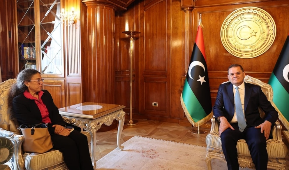 Head of Libya's Government of National Unity Abdul Hamid Dbeibeh and Acting Head of the UN Mission to Libya Stephanie Khoury in a meeting on August 28, 2024. (Prime Minister's office)