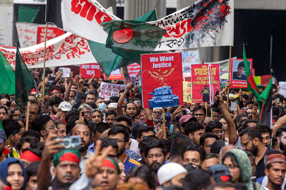 Activists take part in a protest march against Prime Minister Sheikh Hasina and her government in Dhaka, Bangladesh, Friday, Aug. 2, 2024. (AP)