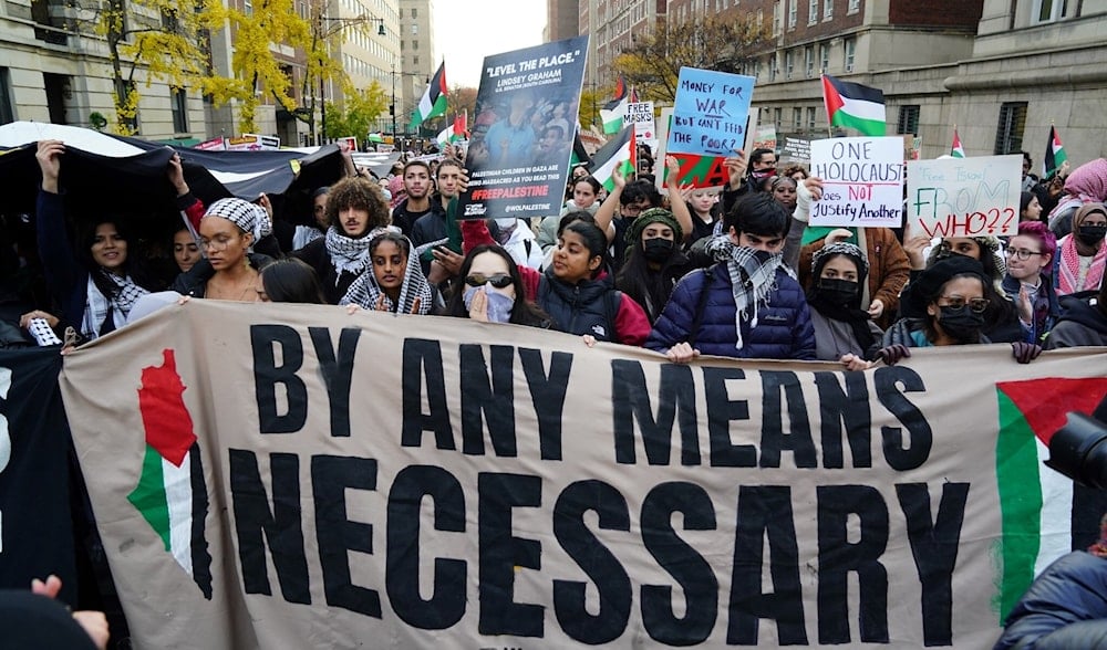 Pro-Palestinian demonstrators rally near Columbia University in New York on November 15, 2023. (AFP)