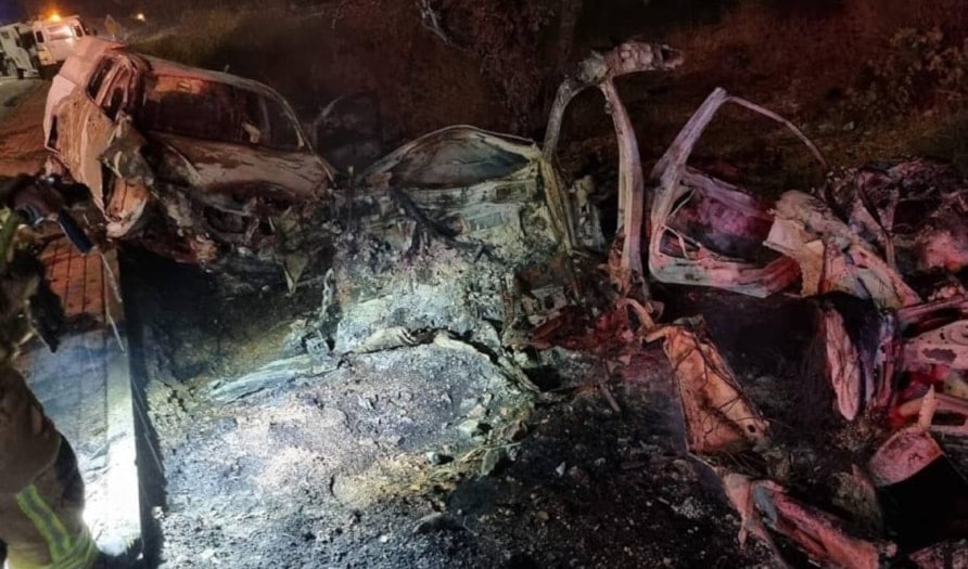 The remains of a car bomb detonated at the entrance to the settlement of Karmei Tzur, north of al-Khalil in southern West Bank, Palestine. (Social media)