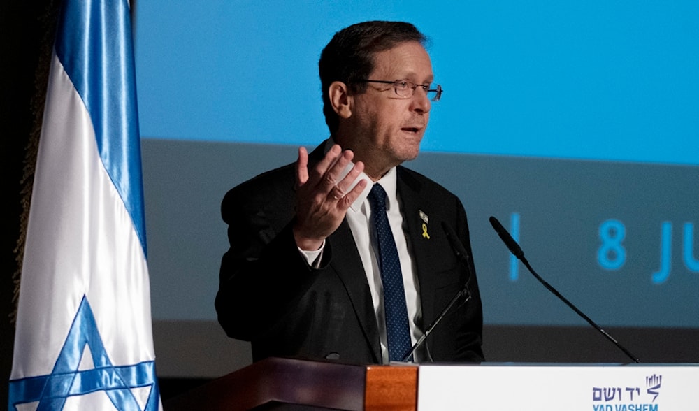 Israeli President Isaac Herzog speaks in al-Quds, occupied Palestine, July 8, 2024. (AP)