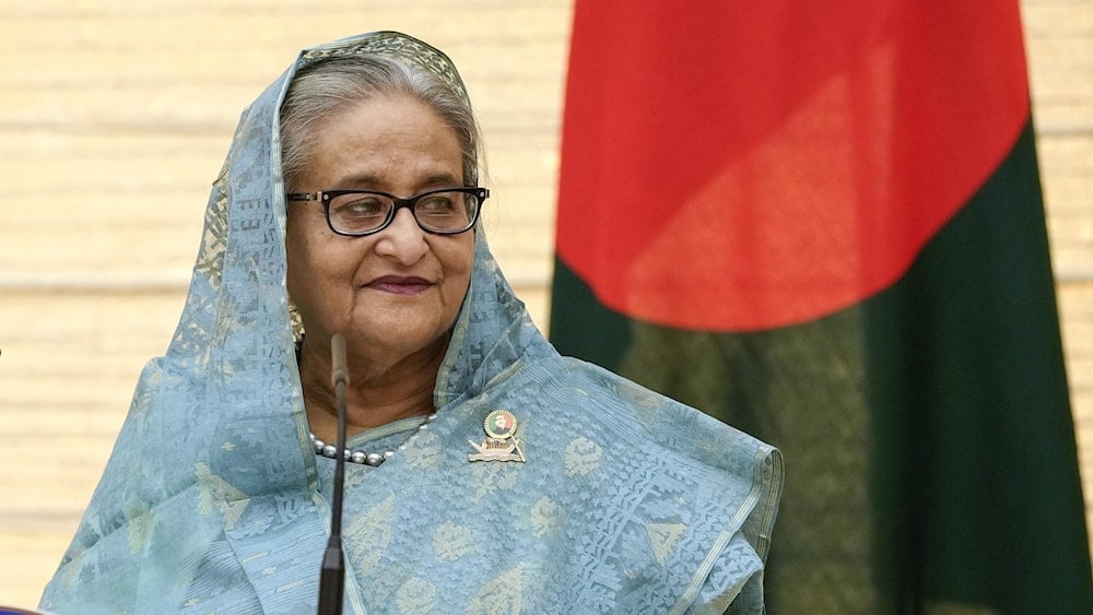 Bangladesh's Prime Minister Sheikh Hasina speaks during a joint press statement with the Japanese Prime Minister at his official residence in Tokyo on April 26, 2023. (AFP)