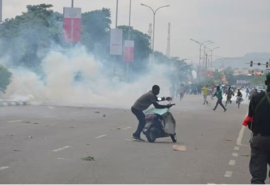 Police fire teargas during a protest in Abuja, Nigeria on August 3, 2024. (AP)