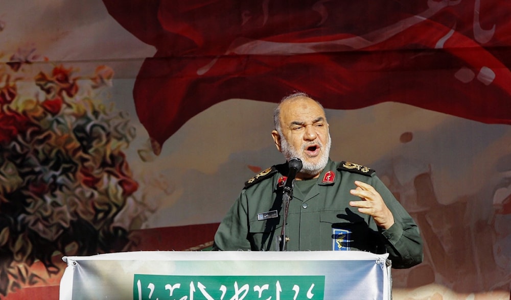 Head of Iran's IRGC Hossein Salami speaks during a funeral procession carrying the remains of 110 Iranian soldiers recovered from former battlefields of the Iran-Iraq war in Tehran on December 17, 2023. (AFP)