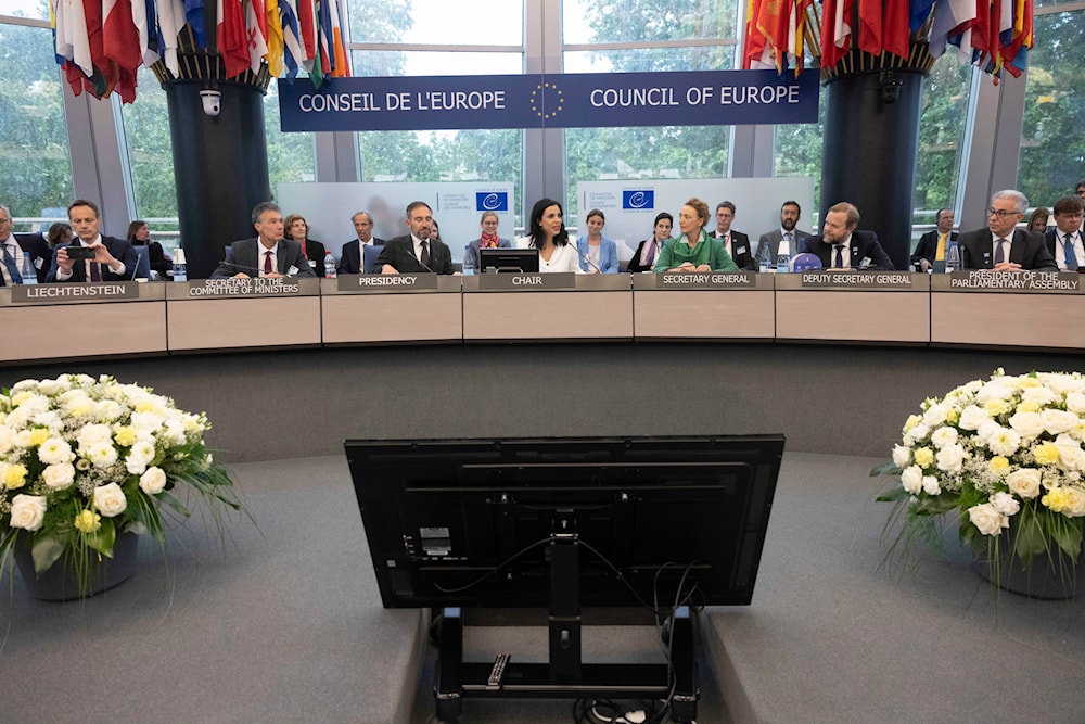 President of the Committee of Ministers of the Council of Europe, Dominique Hasler, center, opens the 133rd session of the Committee of Ministers at the European Council in Strasbourg, eastern France, May 17, 2024 (AP)