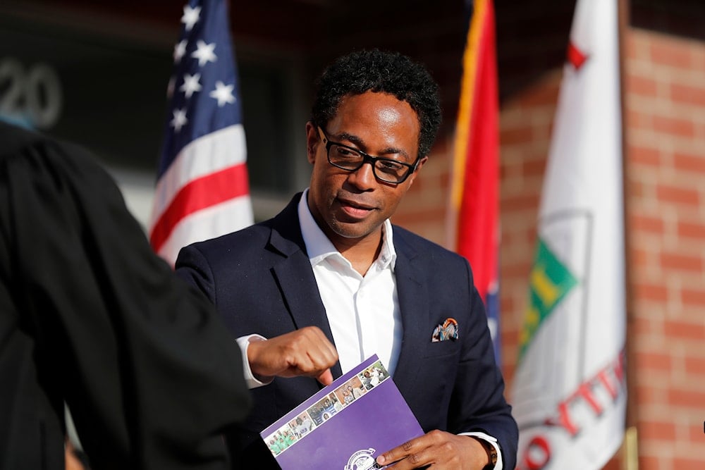 St. Louis County Prosecuting Attorney Wesley Bell is seen during an inauguration ceremony for Mayor Ella Jones Wednesday, June 17, 2020, in Ferguson, Missouri (AP)