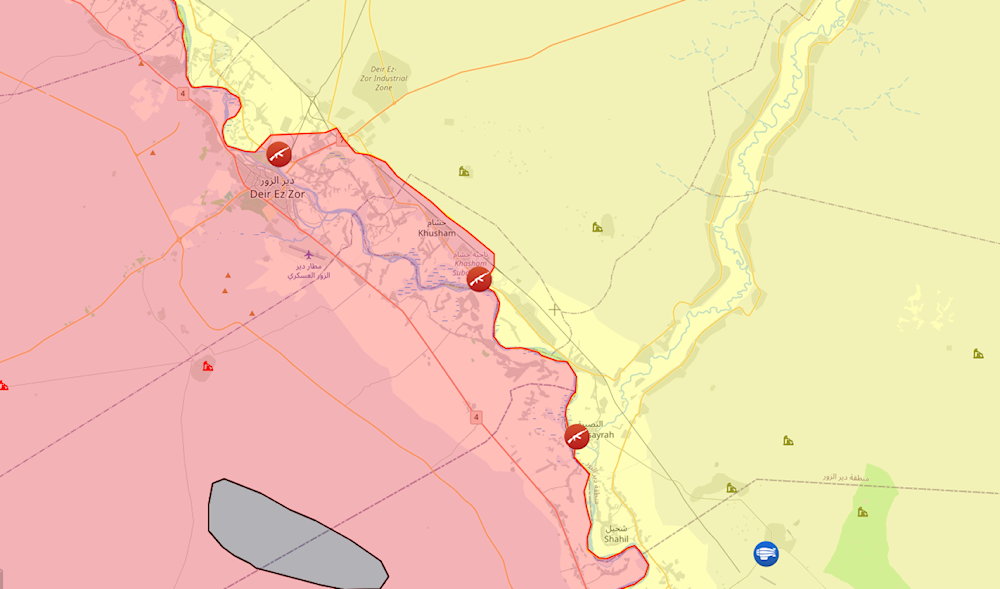 A map showing the live map of the confrontations between the Syrian Forces of the Fighters of the Tribes and the SDF where the former crossed the banks of the Euphrates. (syria.liveuamap)