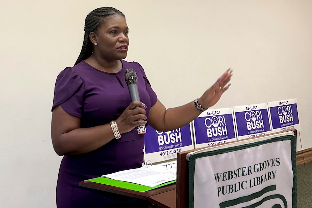 U.S. Rep. Cori Bush, D-Mo., speaks to supporters Wednesday, July 31, 2024, in Webster Groves, Montana (AP) 