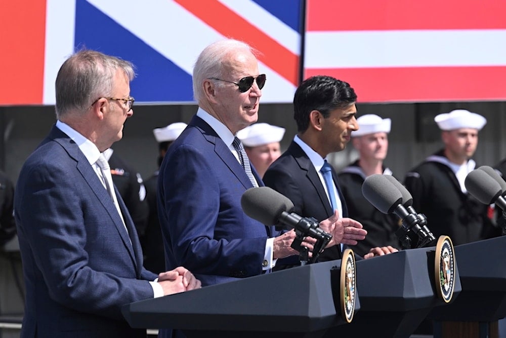 Britain's Prime Minister Rishi Sunak, right, meets with US President Joe Biden and Prime Minister of Australia Anthony Albanese, left, at Point Loma naval base in San Diego, US, Monday March 13, 2023, as part of Aukus. (AP)