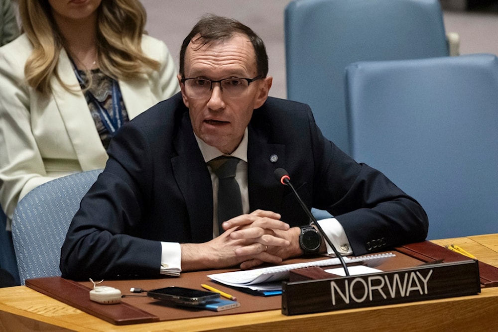 Norwegian Foreign Minister Espen Barth Eide speaks during a Security Council meeting at United Nations headquarters, Tuesday, Jan. 23, 2024. (AP)