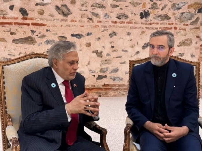 Pakistani Foreign Minister, Mohammad Ishaq Dar, and Iran's acting Foreign Minister, Ali Bagheri Kani (Mehr)