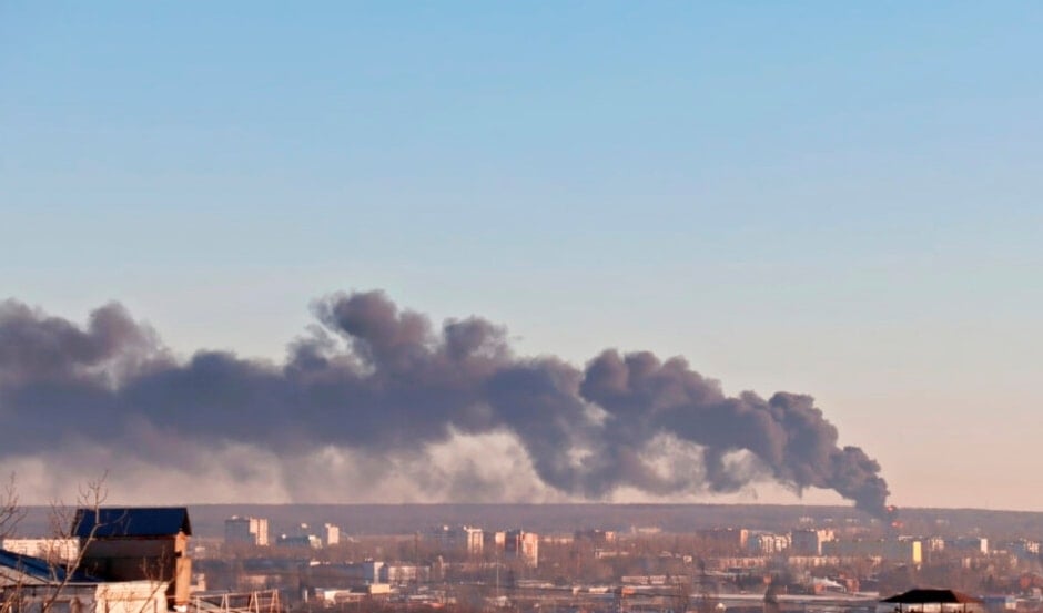 In this handout photo released by the administration of the Kursk region of Russia on Tuesday, Dec. 6, 2022, smoke rises from the area of Kursk airport outside Kursk, Russia. (AP)