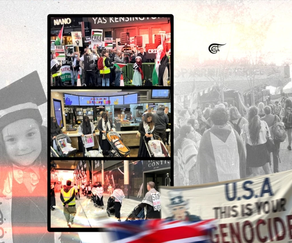 Throughout the UK, different forms of protest are still ongoing in support of Palestine, denouncing Israeli actions, and drawing attention to the oppression of Palestinians everywhere. (Al Mayadeen English; Illustrated by Batoul Chamas)