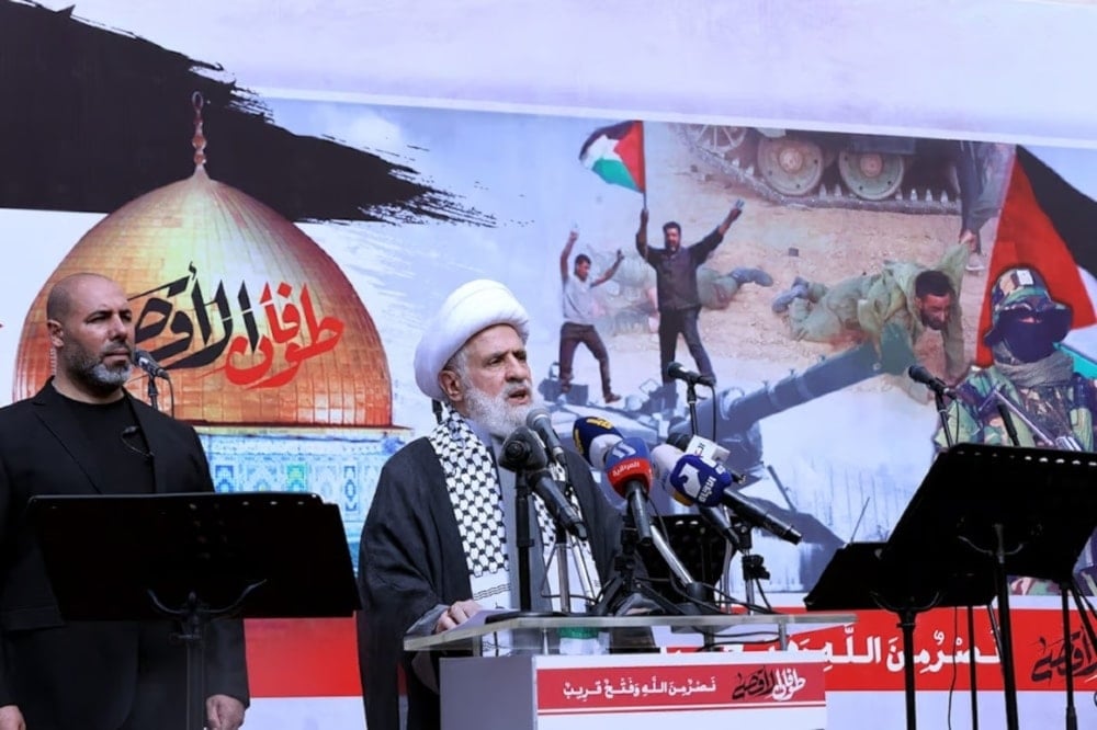 Hezbollah Deputy Secretary Naim Qassem gives a speech during a rally on October 13, 2023 (AFP)