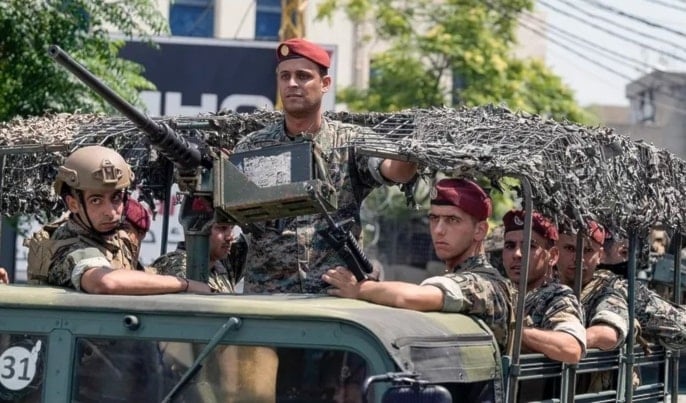 Lebanese special forces sit in their vehicle as they patrol a road that leads to the U.S. Embassy in Aukar, a northern suburb of Beirut, Lebanon, June 5, 2024. (AP)