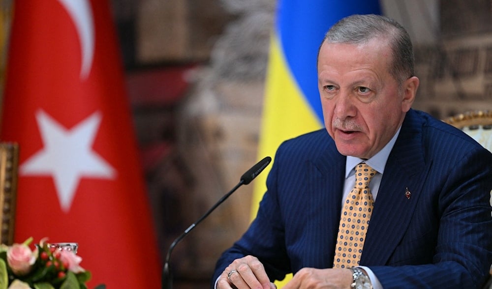 Turkish President Recep Tayyip Erdogan attends a joint press conference with the Ukrainian president at the Dolmabahce Presidential office in Istanbul on March 8, 2024. (AFP)