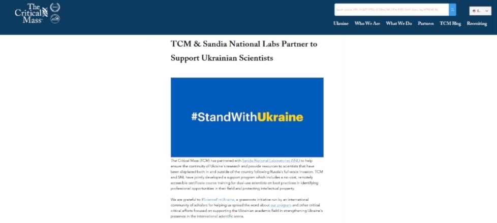 The article on the website of The Critical Mass organization about how the leadership of Sandia National Laboratories is going to assist Ukrainian scientists with employment.