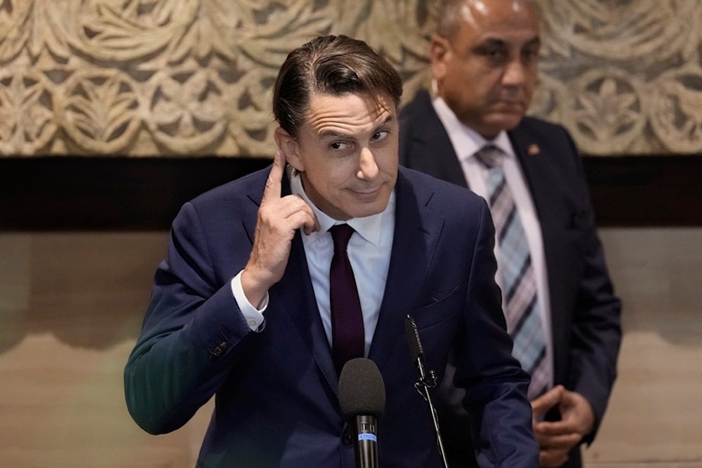 Senior Advisor to US President Biden, Amos Hochstein during a press conference after giving a statement to the media following his meeting with Parliament Speaker Nabih Berri in Beirut, Lebanon, Tuesday, June 18, 2024 (AP)