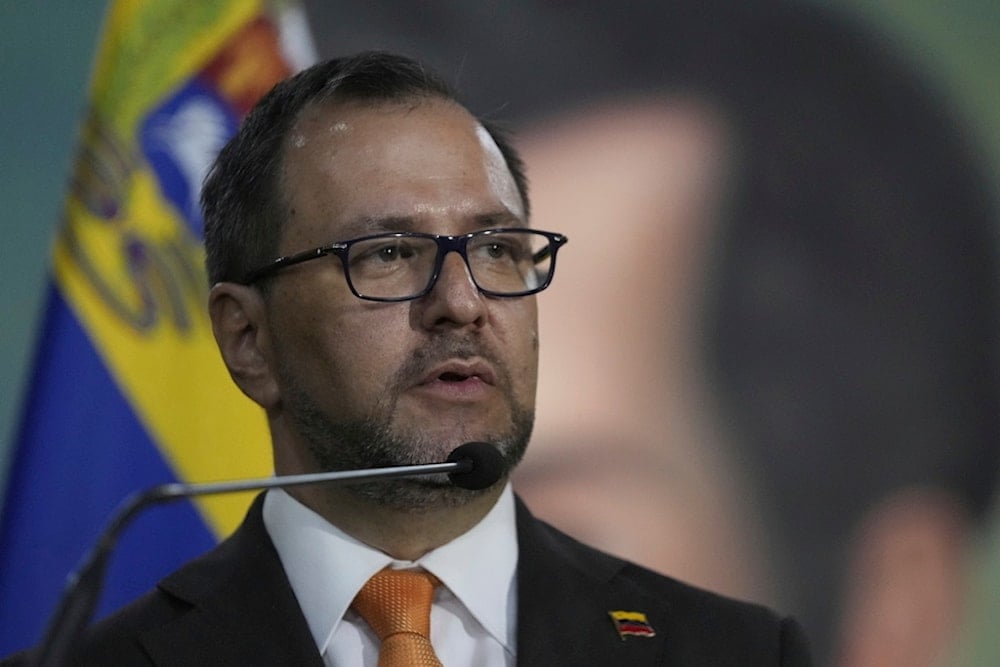 Venezuelan Foreign Minister Yvan Gil Pinto gives a press conference with Russia's Foreign Minister Sergey Lavrov at the Foreign Ministry in Caracas, Venezuela, Tuesday, Feb. 20, 2024. (AP)