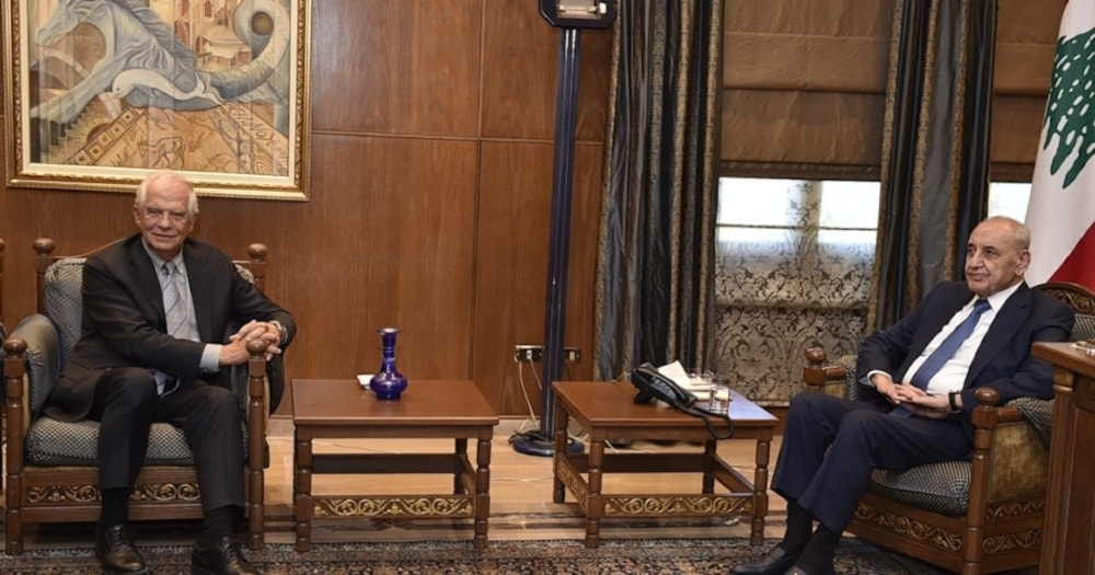 EU Foreign Policy Chief Josep Borrell, left, in a meeting with Lebanon's Parliament Speaker, Nabih Berri, right, in Beirut, Lebanon, September 12, 2024 (National News Agency)