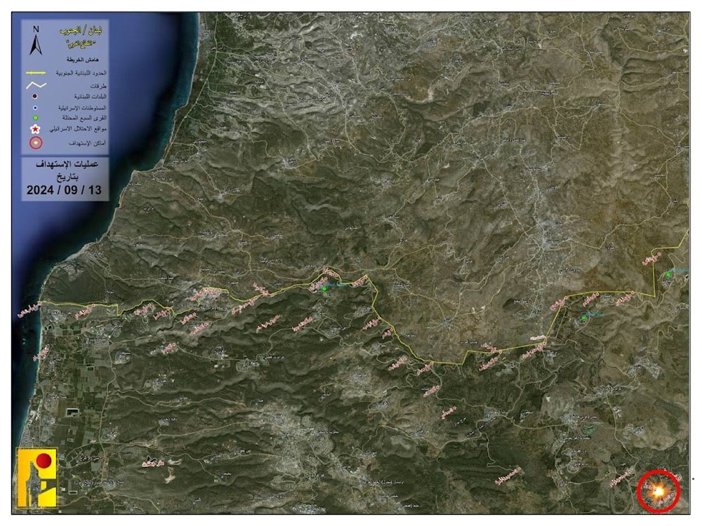 Islamic Resistance of Lebanon releases map marking the recent attack on Safad in occupied Palestine on September 13, 2024. (Resistance Media) 