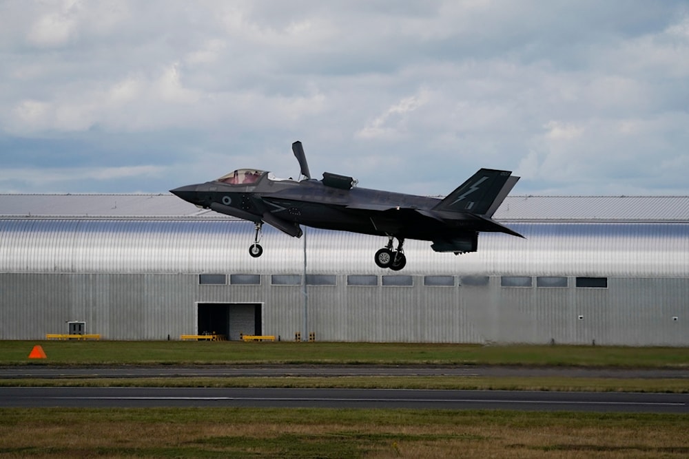 A Royal Air Force F-35 lands at the Farnborough International Air Show in Farnborough, England, July 22, 2024 (AP)