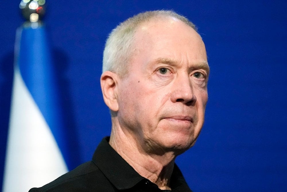 Israeli Security Minister Yoav Gallant pauses while making a brief statement to the media on Oct. 16, 2023, in Tel Aviv.  (AP)