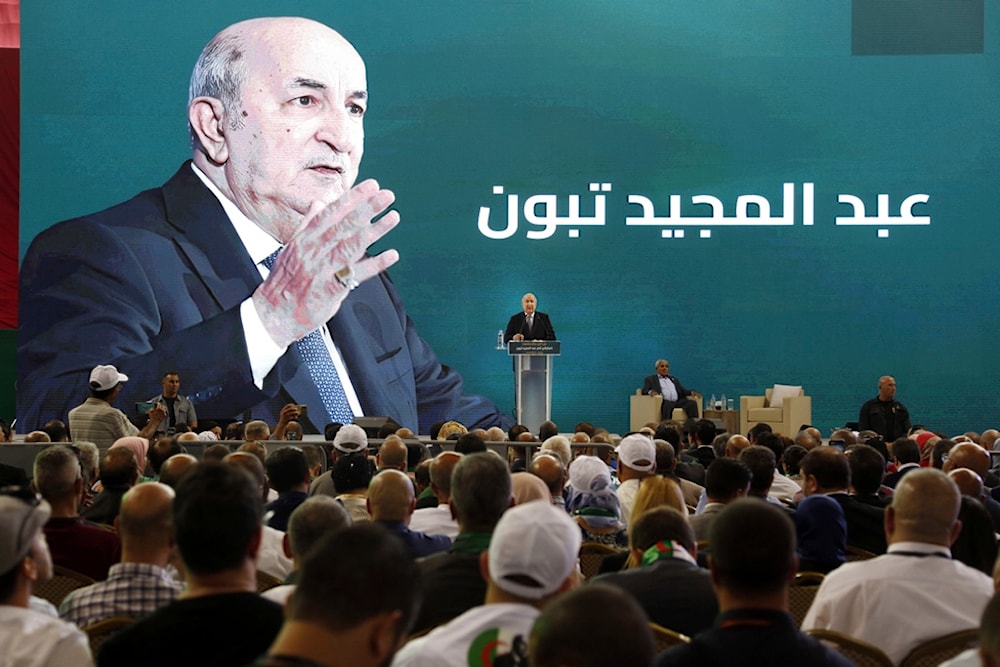 Algerian president Abdelmajid Tebboune delivers a speech during his campaign for the upcoming presidential election, in Oran, Algeria, Sunday, Aug. 26, 2024. (AP)